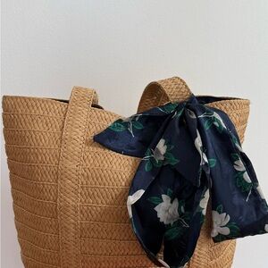 Draper James Everyday Straw Basket Tote Bag and Silk Scarf Bow Attachment